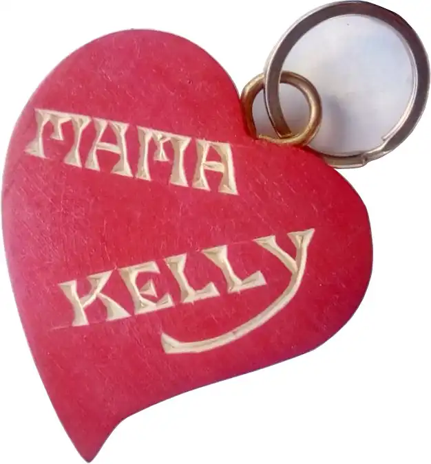 Keyring Heart Shaped Wood Carved. Custom carving on reverse side.